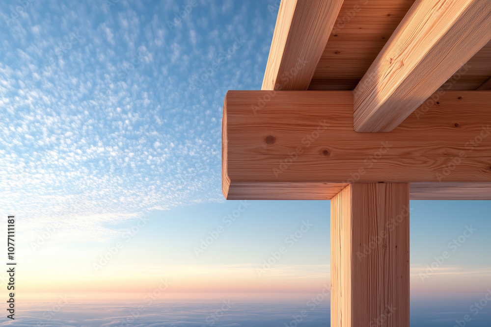 Fototapeta premium wooden beams against a blue sky with clouds, wooden construction concept