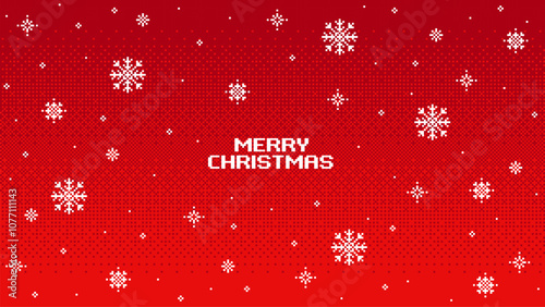 Pixel art christmas decoration background. 8 bit game style abstract christmas and New Year design holiday background with snowflakes. Vector illustration