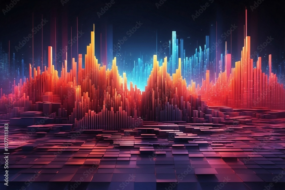 Abstract Image of a Night City Overlaid with 3D Equalizer Histograms Reflecting the Musical Rhythm of a Modern Metropolis. Musical Rhythm of a Night City: Equalizers of a Square Chart.