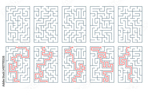 Maze set with a solution. Game for kids. Vector Labyrinth, conundrum.  Puzzle for children. Find the right path. Maze for books, print, family activity.