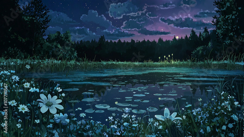 A view of a swamp in a meadow. Illustrations that look like a scene from an anime or game. Blue sky, sun, clouds, sunset, night, fog, snow, rain, autumn, cherry blossoms, etc. photo