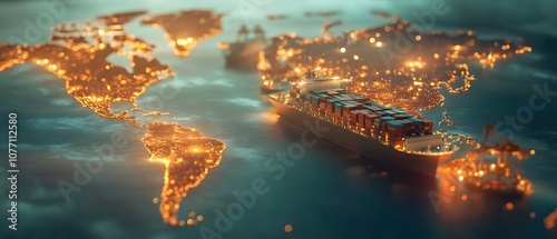 Global trade concept with cargo ship navigating illuminated world map showcasing shipping routes and major ports in a beautifully artistic representation