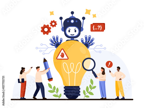 Risk of AI negative decision, ethics and law. Tiny people holding magnifying glass and pencil to analyze artificial intelligence idea, evil robot holding light bulb cartoon vector illustration