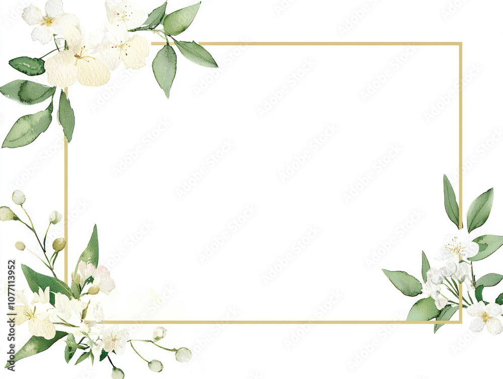 Fototapeta premium Minimalist Watercolor Frame with Gold Accents and Cherry Blossom Decoration