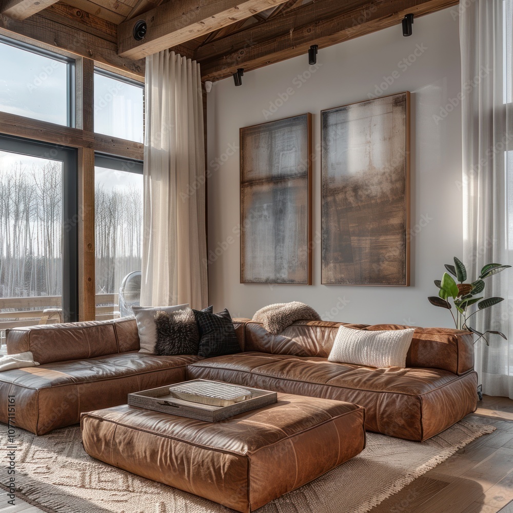 Obraz premium Living Room Interior Design with Brown Leather Sectional Sofa, Wooden Beams, and Abstract Art - Photo