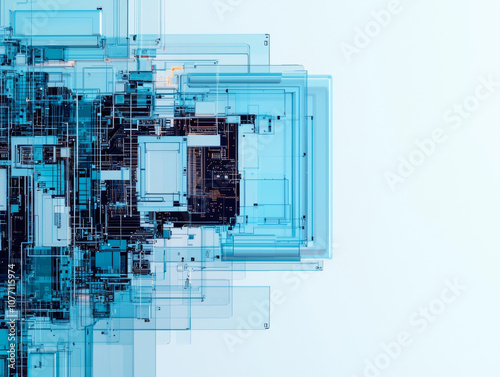 Abstract microchip design with intricate circuits and blue tones