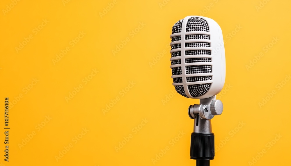 Fototapeta premium A vintage microphone stands upright against a vibrant yellow background, symbolizing music, broadcasting, and creativity.