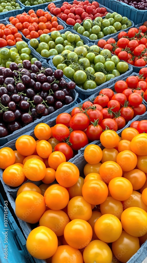 A vibrant display of various tomatoes arranged in baskets, showcasing an array of colors including red, yellow, green, and purple. A vibrant display of various tomatoes arranged in baskets, showcasing an array of colors including red, yellow, green, and purple.
