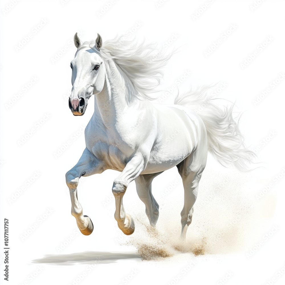 Naklejka premium White horse running dynamically on a white isolated background.