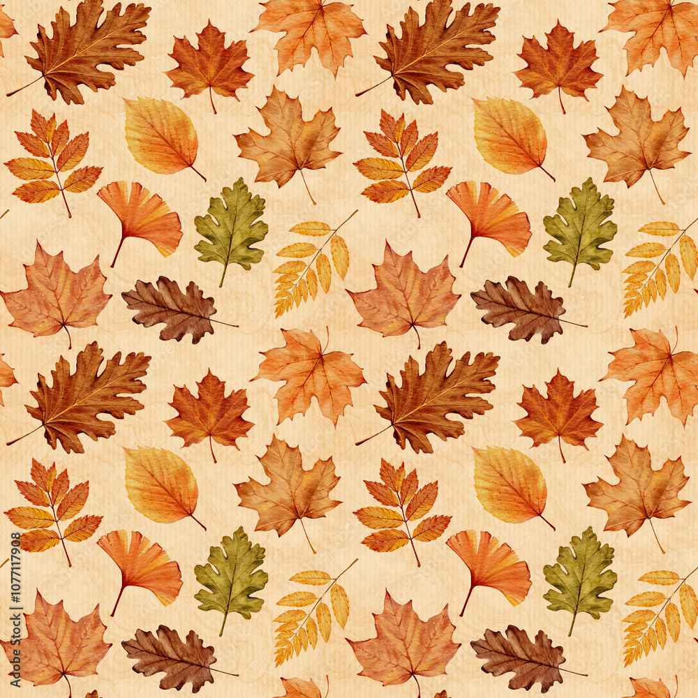 Obraz premium Hand-drawn watercolor seamless pattern of autumn leaves in warm shades of orange, brown, and green, showcasing detailed seasonal foliage on a beige background.