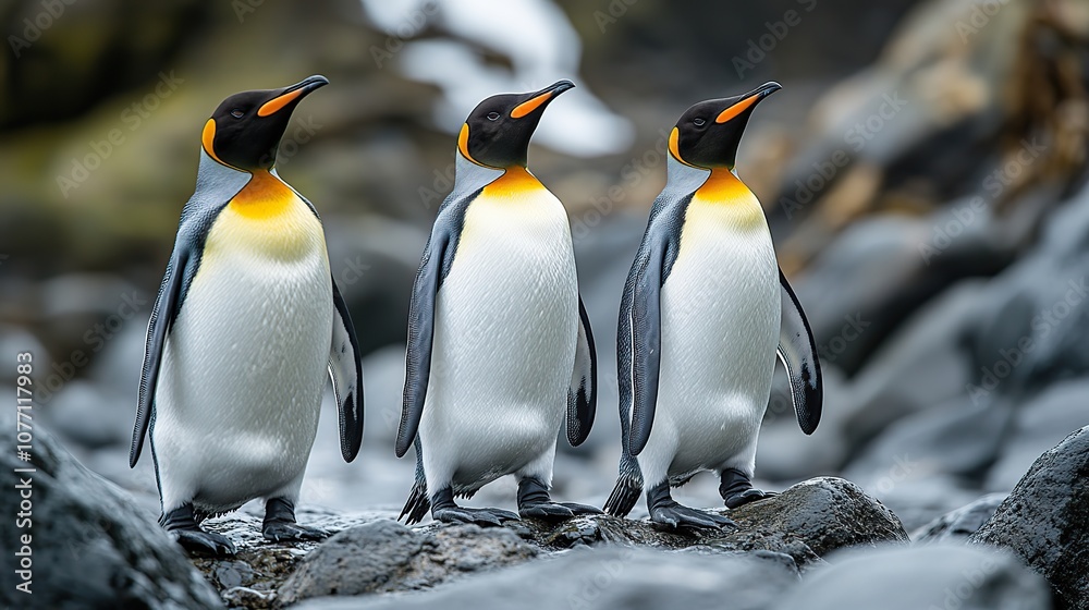 Fototapeta premium An image of penguins on rocky terrain, symbolizing the fragile ecosystems affected by climate change
