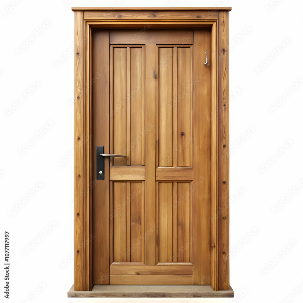 Obraz premium A rustic wood door isolated on a white background, showcasing its natural grain and texture.