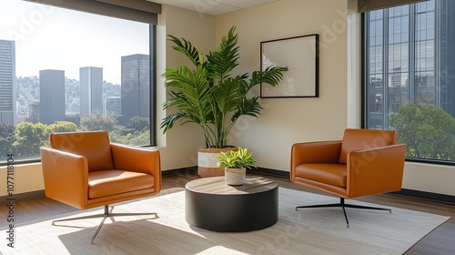 A modern office interior featuring two stylish orange chairs, a round table, and a decorative plant, set against a backdrop of city skyscrapers. photo