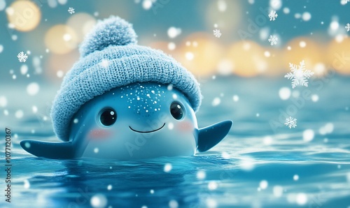 A cute cartoon dolphin with a blue knitted hat is swimming in the water with snowflakes falling around it. photo