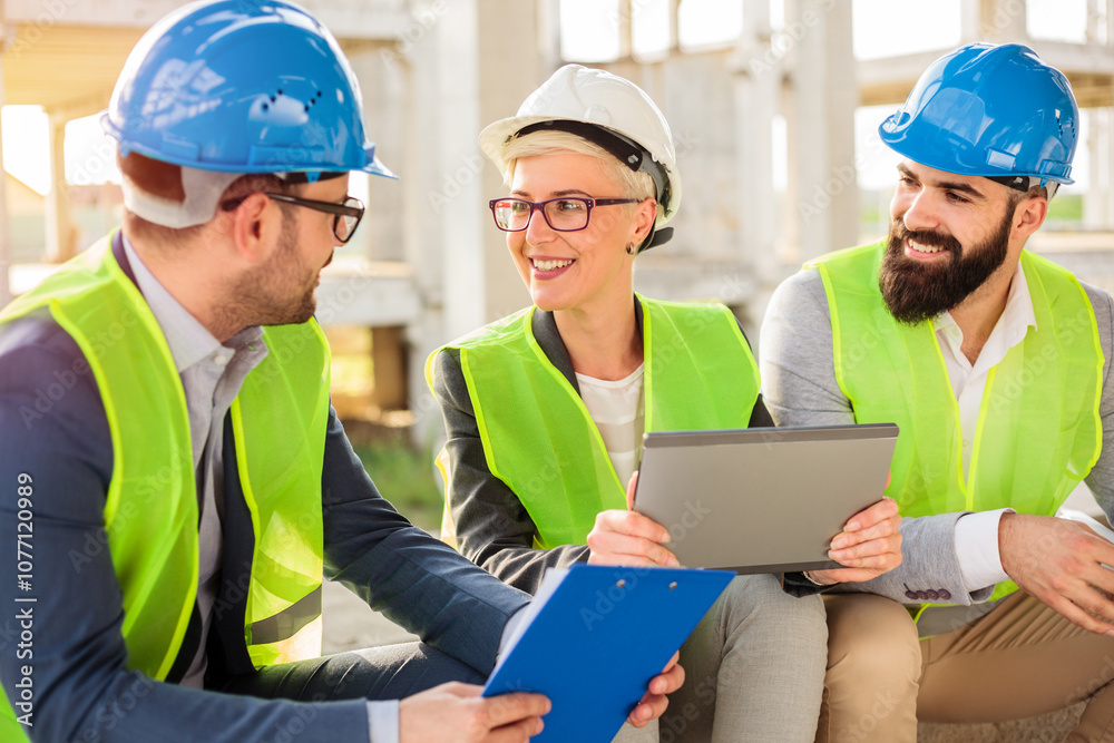 Team of successful young architects and business partners having a meeting on a construction site. Discussing project details
