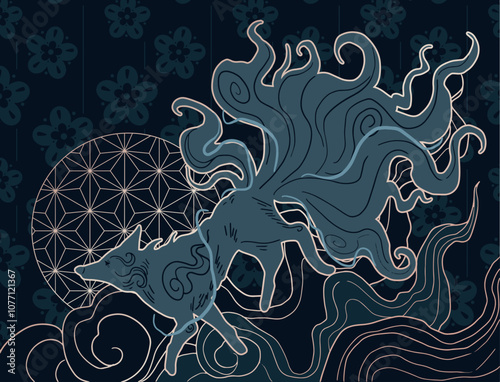 vector abstract illustration of fantasy creature nine tailed fox, folklore, mythology, fantasy art	