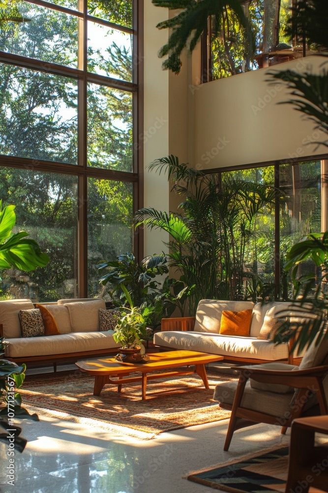 Fototapeta premium Cozy indoor living area surrounded by lush greenery during the afternoon light