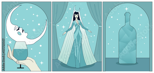 fantasy hand drawn art deco illustrations, moon themed	
