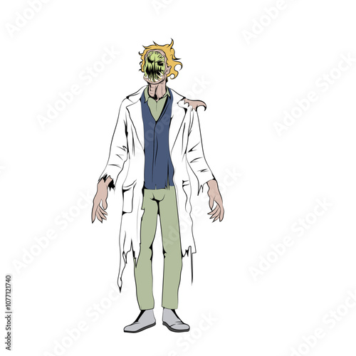 Zombie man in a destroyed scientist suit, super terrifying.