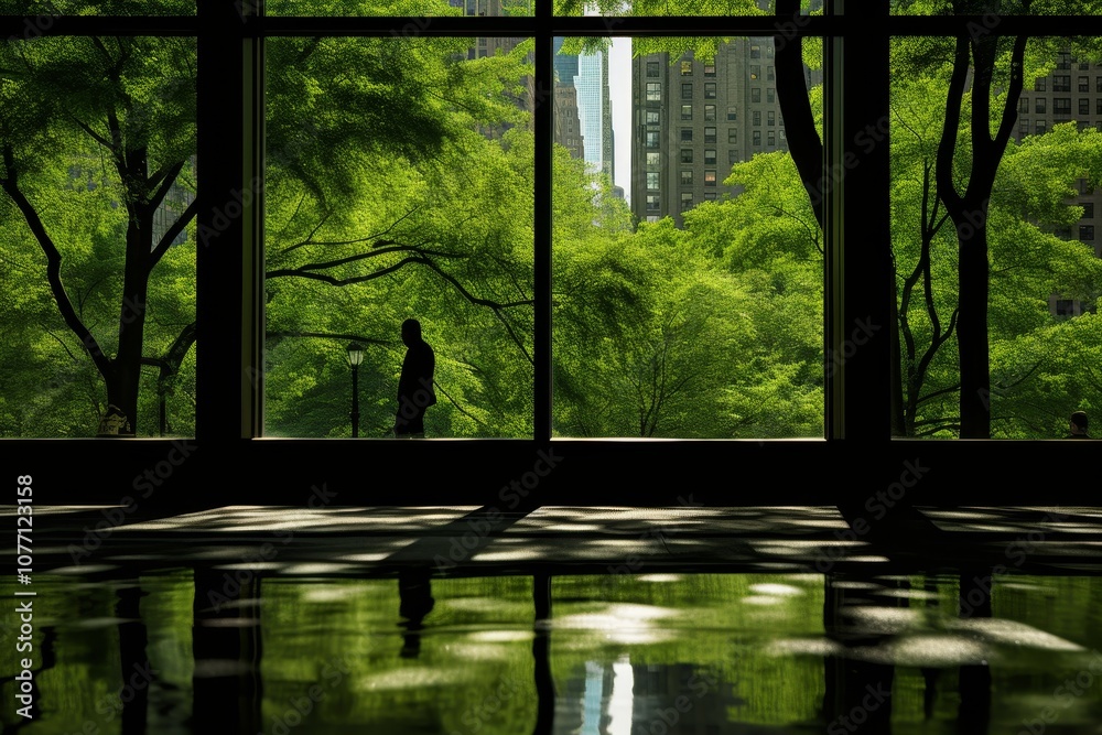 Fototapeta premium Modern office building surrounded by lush trees in vibrant greens under bright sunlight reflections