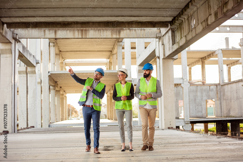 Team of successful young architects and business partners checking work progress on a construction site. Architecture and teamwork concept.