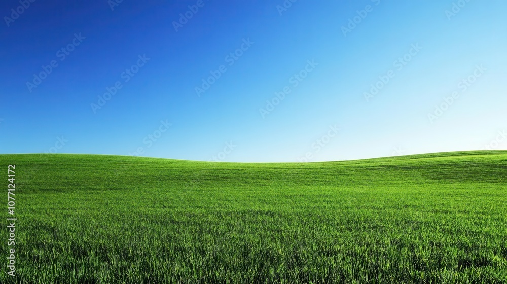 Fototapeta premium a serene landscape of lush green grass under a clear blue sky, embodying peace and tranquility in a vast pastoral setting, inviting relaxation and reflection