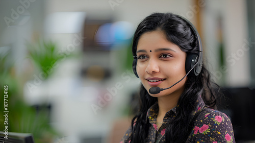 Call center in desi A lovely female customer service agent using a microphone and copy space to speak with a customer