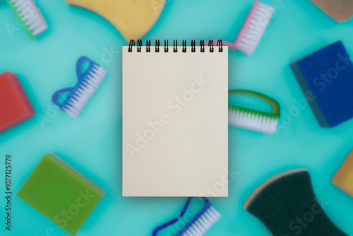 Notepad surrounded by cleaning supplies on turquoise background for housekeeping checklist. Blank page of spiral notepad with space for text, flat lay