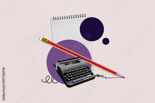 Retro typewriter. Old typewriter with pencil and note paper on purple circle background. Storytelling, creativity and blogging concept. Art collage digital pop modern art
