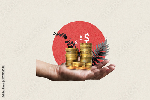 Hand shows a golden stack of coins with an increase sign red circle background. Art collage digital pop modern art