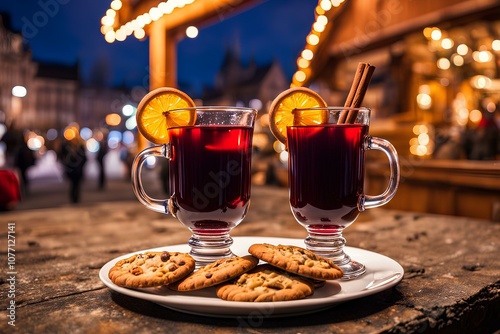 Cozy Christmas Night: Hot Mulled Wine and Cookies at a Festive Market photo