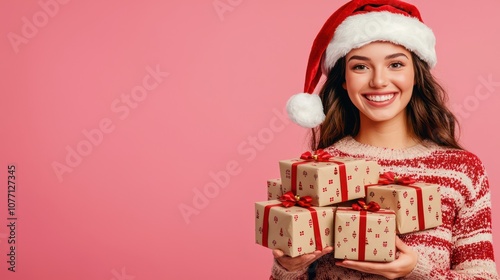 A happy millennial lady wearing a Santa hat and Christmas sweater, holding a pile gift boxes against a pink studio background, designed for winter holiday banners with copy space. photo