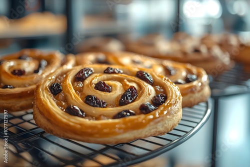 Close-up of a basket filled with raisin swirl pastries, escargots aux raisins, showcasing plump raisins in buttery spirals. Displayed on a chic French bakery 