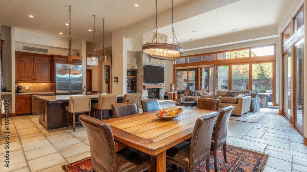 Fototapeta premium Modern kitchen and dining area with spacious layout and natural light.