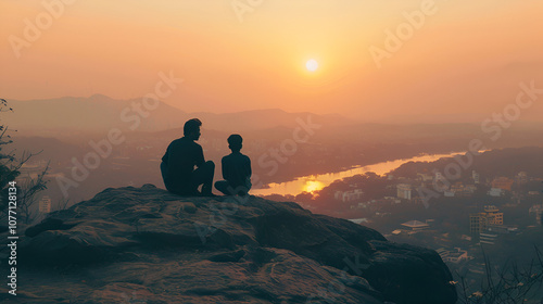 On a mountaintop against the sunset, a father and son A family enjoys a joyful moment together in a natural setting
