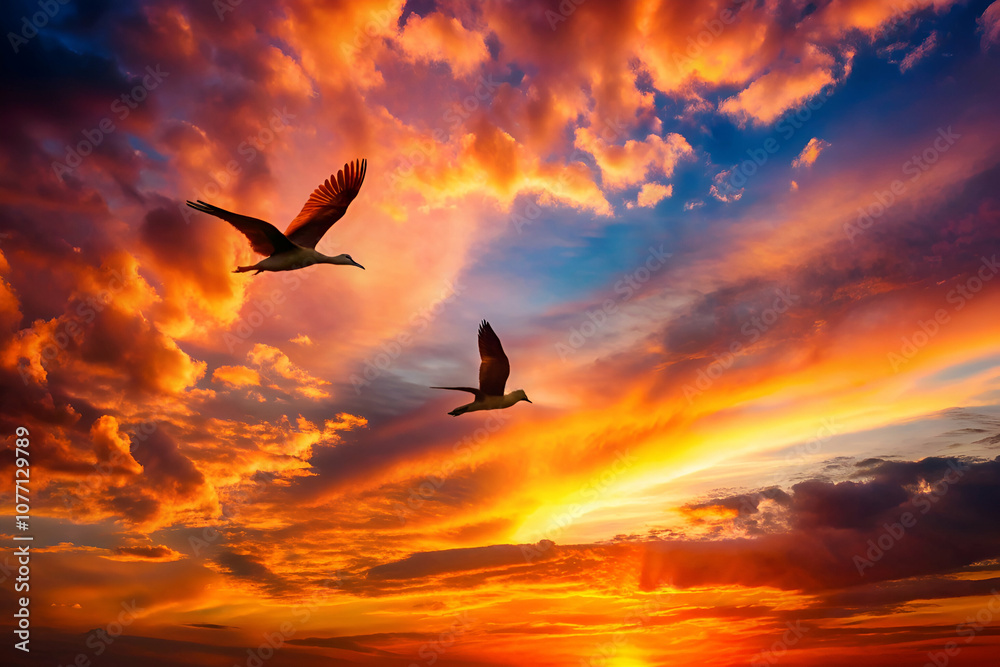 Fototapeta premium A stunning sunset with vibrant clouds, where two birds soar gracefully across the colorful sky, creating a serene and picturesque landscape.