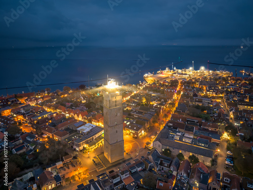 Terschelling town and light beacon Brandaris lighthouse night aerial