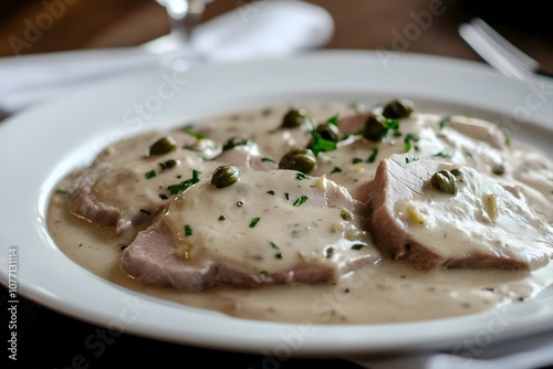 Close-up of Vitello Tonnato: tender veal slices with creamy tuna sauce and capers on a sleek white plate, set on a rustic table in a cozy, authentic Italian restaurant photo