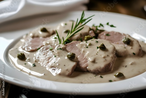 Close-up of Vitello Tonnato: tender veal slices with creamy tuna sauce and capers on a sleek white plate, set on a rustic table in a cozy, authentic Italian restaurant photo