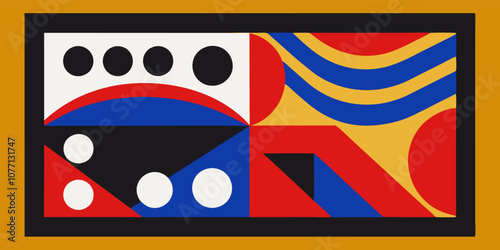 Colorful geometric abstract background featuring various shapes and colors, including circles, triangles, and curved lines, forming a visually appealing modern design