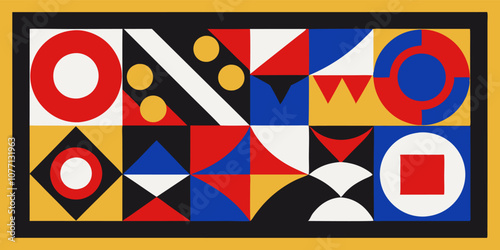 Geometric shapes in various colors and sizes are creating a visually appealing abstract design, forming an interesting and modern background