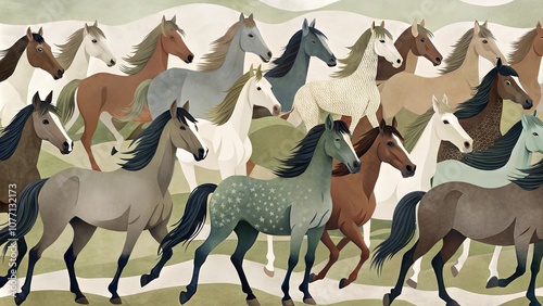A vibrant group of horses galloping through a lush landscape during a bright sunny day in a serene countryside setting. AI.