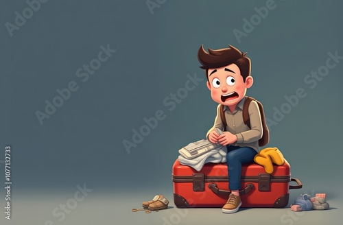 humorous cartoon illustration of teen traveler sitting on overstuffed suitcase, struggling to zip it closed. travel challenges, preparations. tourism and vacation, adventure, journey. photo