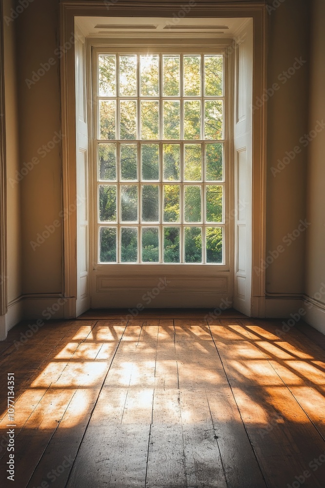 Fototapeta premium Sunlight streaming through a rustic window in a serene indoor space surrounded by nature