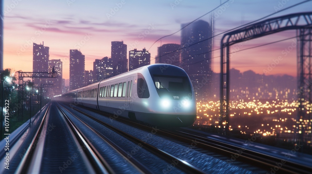 Fototapeta premium Modern High-Speed Train Traveling Through Urban Landscape at Dusk with a Vibrant City Skyline and Blurred Lights Creating a Dynamic Atmosphere of Motion