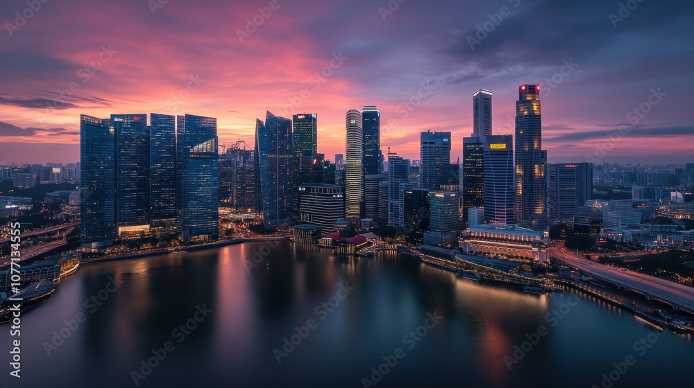Fototapeta premium Singapore Skyline at Sunset with Reflections in Water