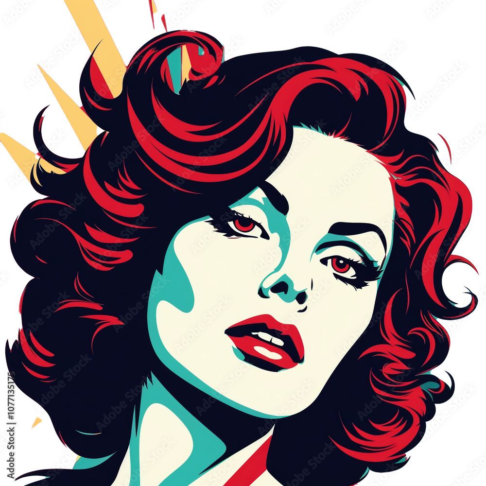 A close-up illustration of a woman with red hair and bold makeup, looking directly at the viewer. A close-up illustration of a woman with red hair and bold makeup, looking directly at the viewer.