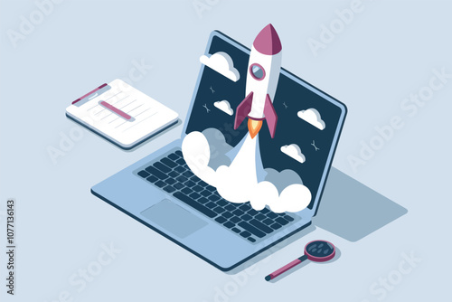 Rocket taking off from a laptop screen, vector illustration.
