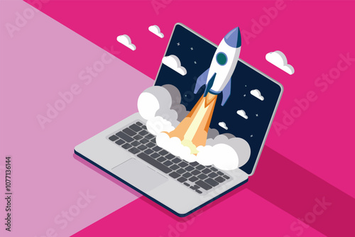 Rocket taking off from a laptop screen, vector illustration.