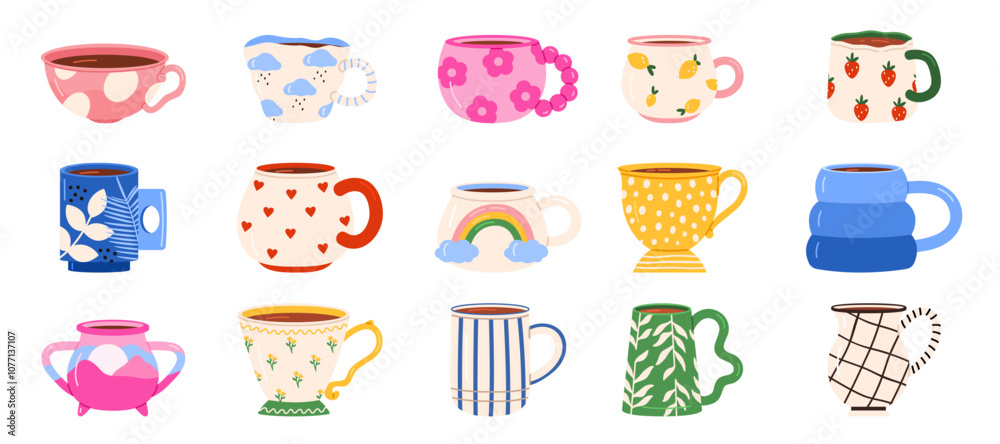 Ceramic cups for hot tea and coffee with different patterns set. Cute colorful various teacups collection with heart and leaf, stripe texture, Scandinavian home crockery cartoon vector illustration